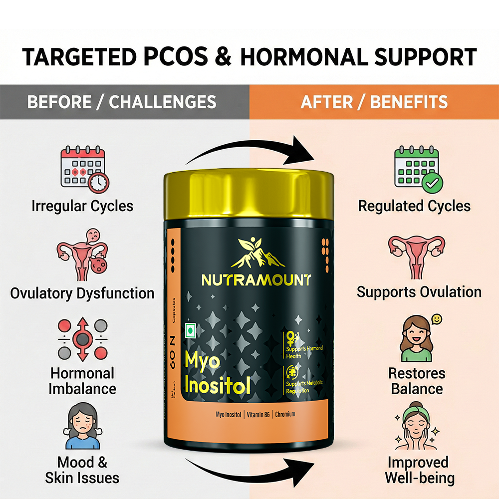 Nutramount Myo Inositol infographic showing a "before and after" comparison for PCOS support, illustrating the transition from irregular cycles and hormonal imbalance to regulated health and improved well-being.