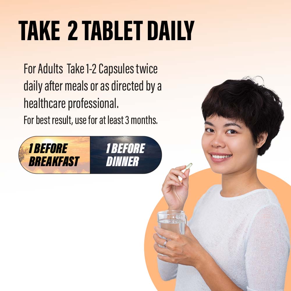 Instructional graphic of a woman taking a capsule with water; text specifies a dosage of one tablet before breakfast and one before dinner for at least three months.