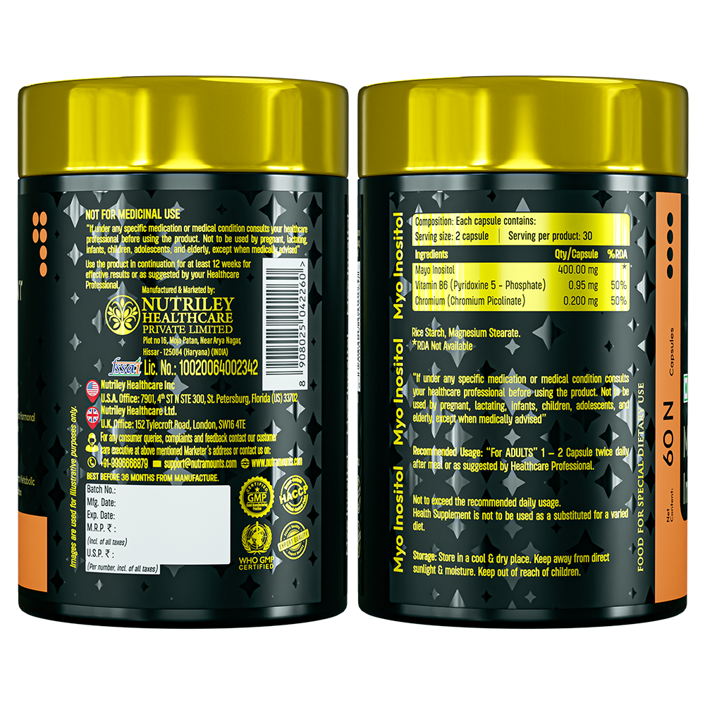 Rear label of two Nutramount Myo Inositol bottles showing nutritional facts, ingredients including Vitamin B6 and Chromium, and manufacturing details for Nutriley Healthcare.