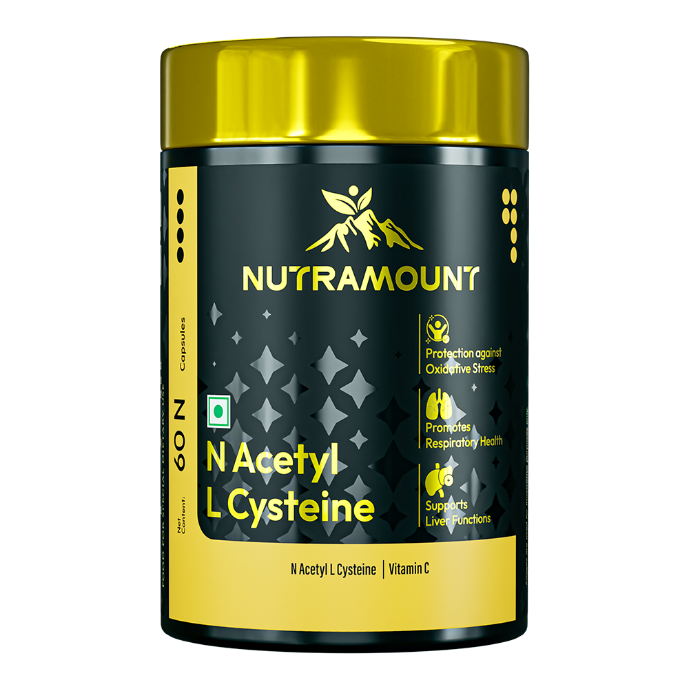 Nutramount N Acetyl L Cysteine and Vitamin C supplement bottle from image_e2603a.jpg with a gold lid, featuring icons for oxidative stress protection, respiratory health, and liver function support.
