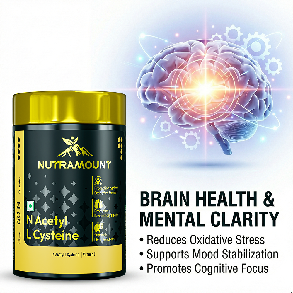 
Nutramount N Acetyl L Cysteine infographic focusing on brain health and mental clarity, featuring a glowing brain illustration with gear icons to represent cognitive focus and mood stabilization.