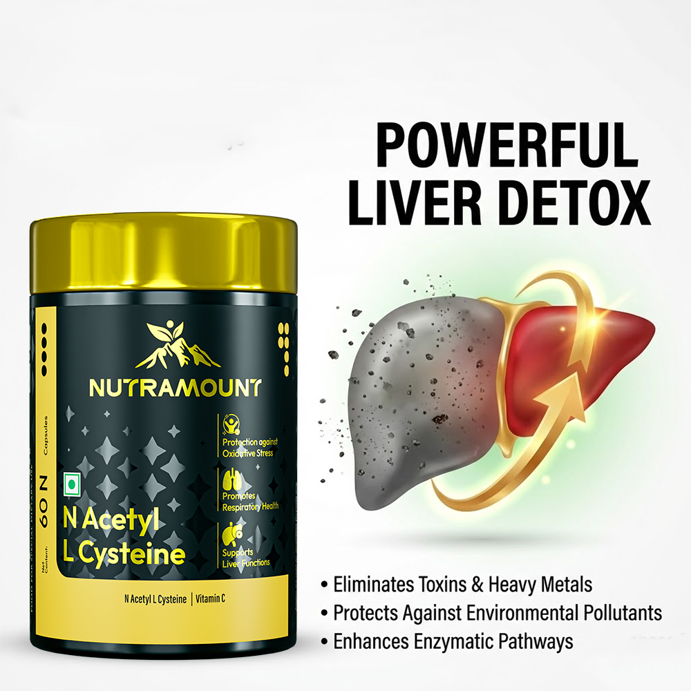 Nutramount N Acetyl L Cysteine infographic for "Powerful Liver Detox". The image features a supplement bottle alongside a graphic of a liver being revitalized, with text noting it eliminates toxins, protects against pollutants, and enhances enzymatic pathways.