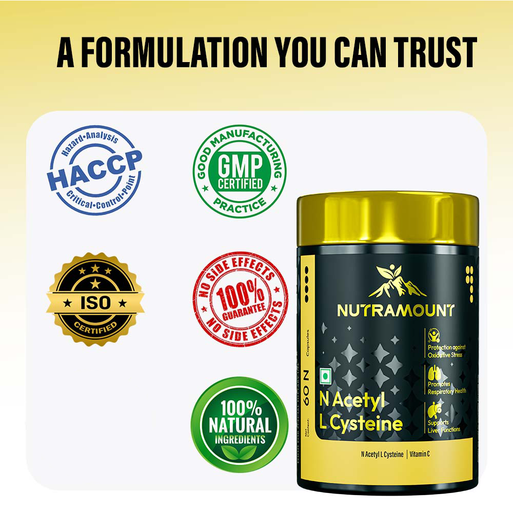 An infographic titled "A Formulation You Can Trust" featuring the Nutramount N Acetyl L Cysteine supplement bottle from image_e2516e.jpg alongside certification seals for HACCP, GMP, ISO, "No Side Effects," and "100% Natural Ingredients".