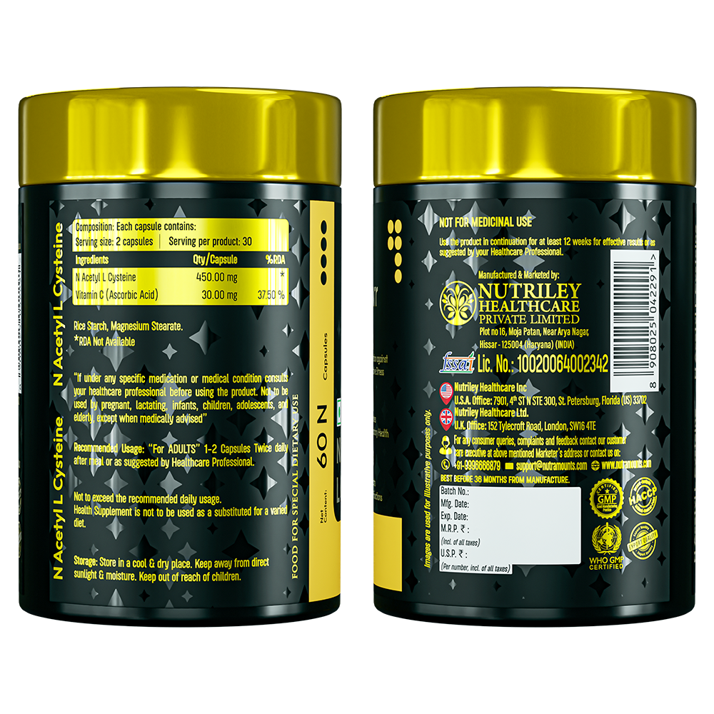 Rear label of Nutramount N Acetyl L Cysteine bottles displaying nutritional facts, ingredients like Vitamin C, and manufacturer information for Nutriley Healthcare.