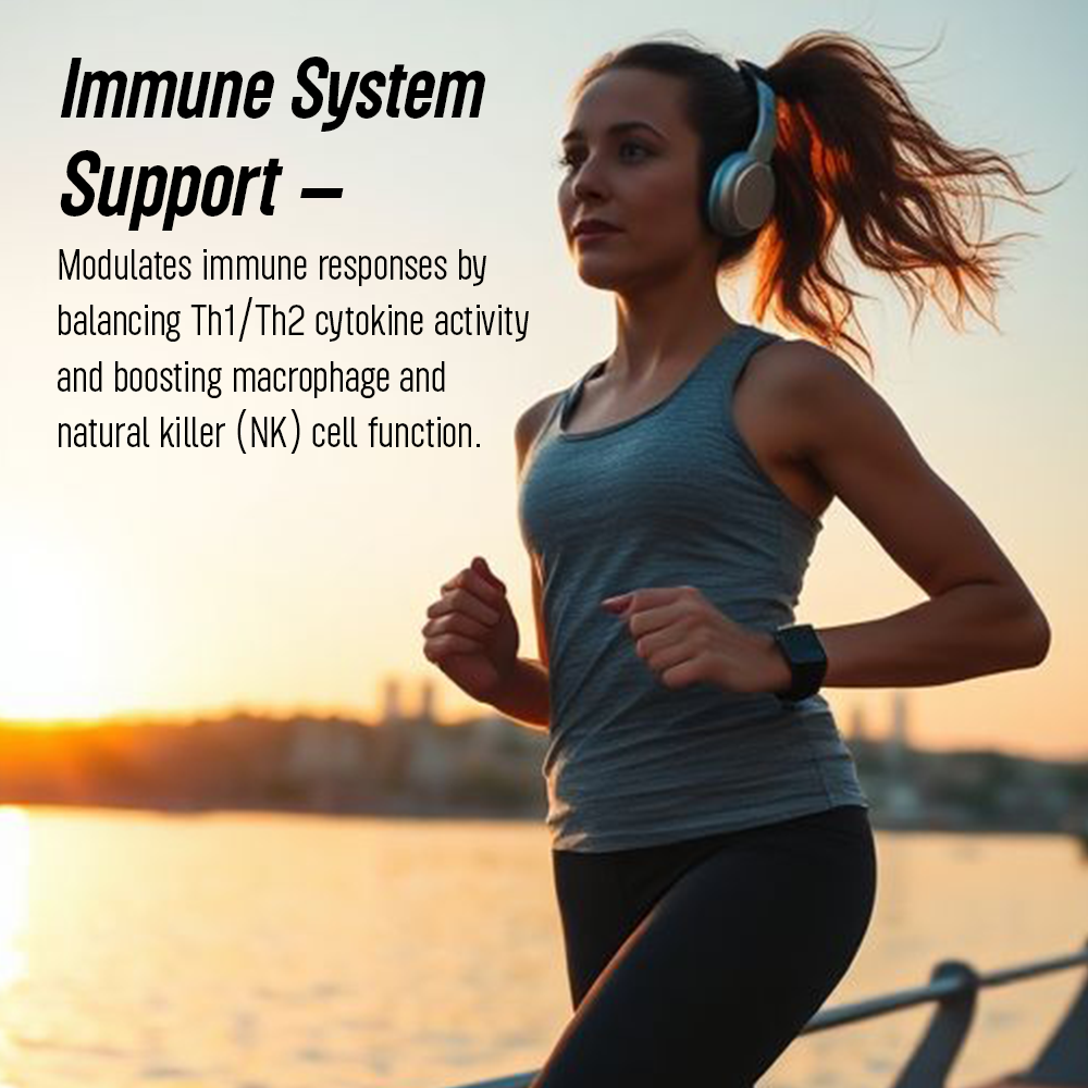 
Infographic for immune system support featuring a woman jogging at sunset with headphones on. Text explains how the supplement modulates immune responses by balancing cytokine activity and boosting cell function.