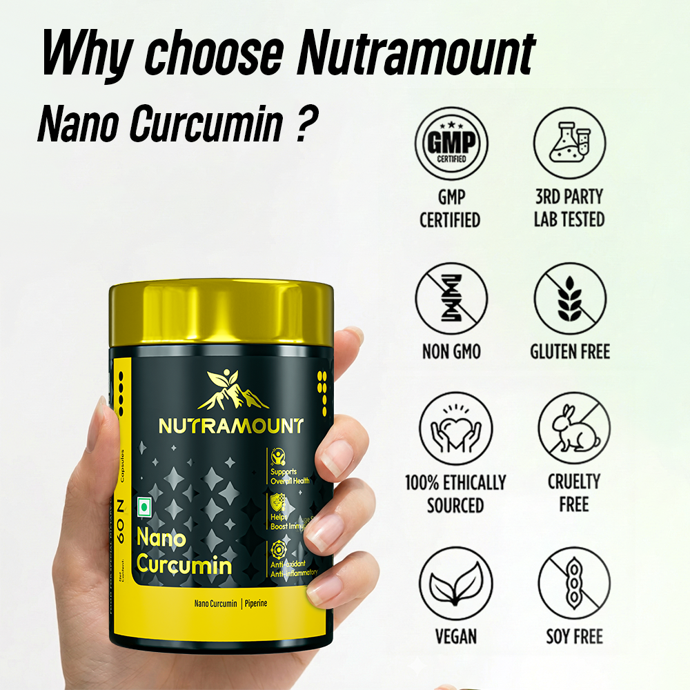 Infographic for "Why choose Nutramount Nano Curcumin?" featuring a hand holding the supplement bottle. Icons highlight that the product is GMP certified, 3rd party lab tested, non-GMO, gluten-free, 100% ethically sourced, cruelty-free, vegan, and soy-free.