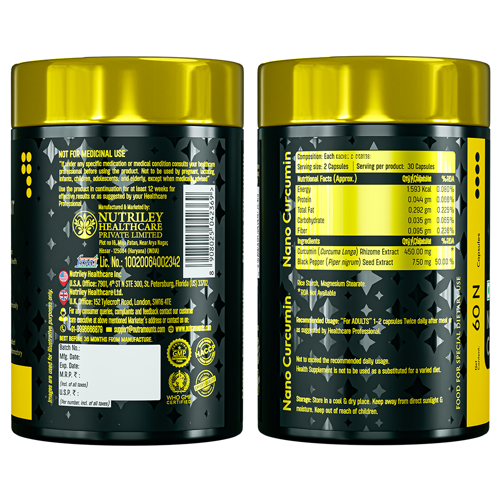Rear label of image_e18a9c.jpg displaying nutritional facts for Nutramount Nano Curcumin, including Curcumin Rhizome Extract and Black Pepper Seed Extract. The image also shows manufacturer details for Nutriley Healthcare and various quality certifications like GMP and HACCP.
