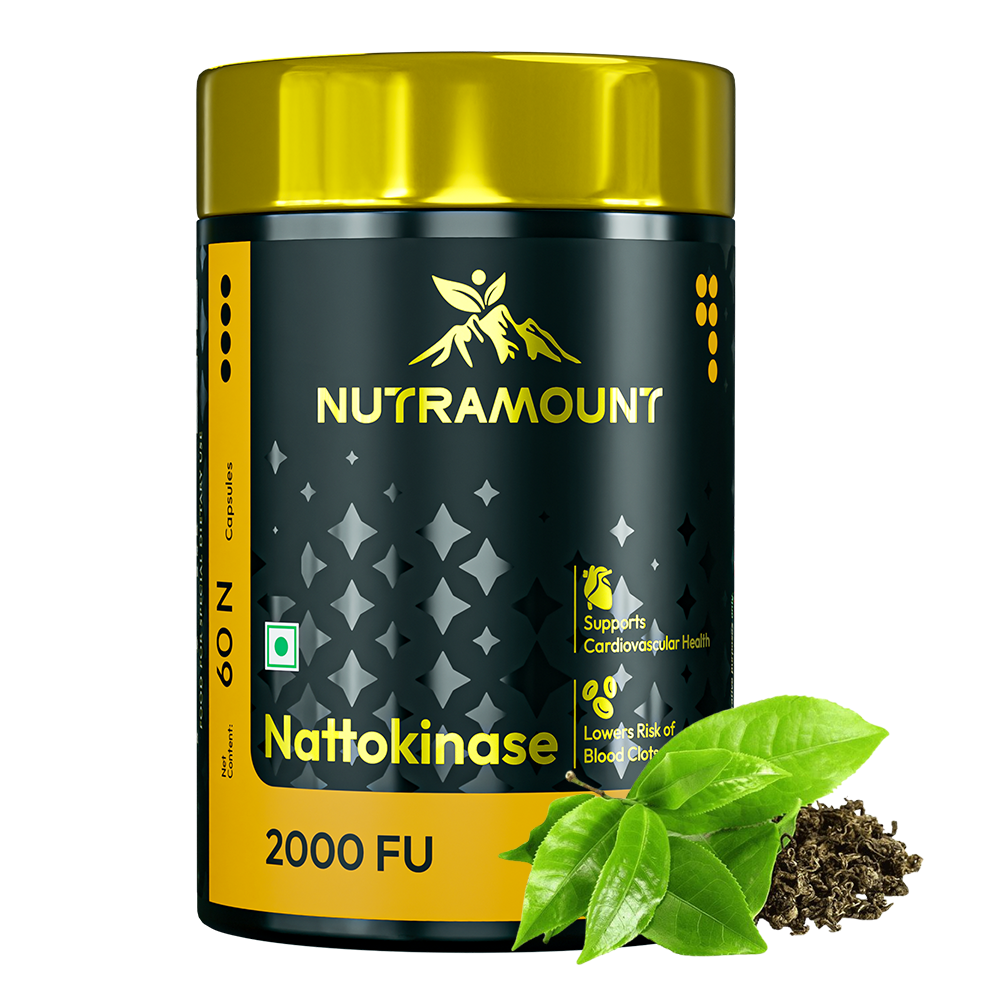 Product bottle of Nutramount Nattokinase 2000 FU featuring icons for cardiovascular support and blood clot risk reduction.