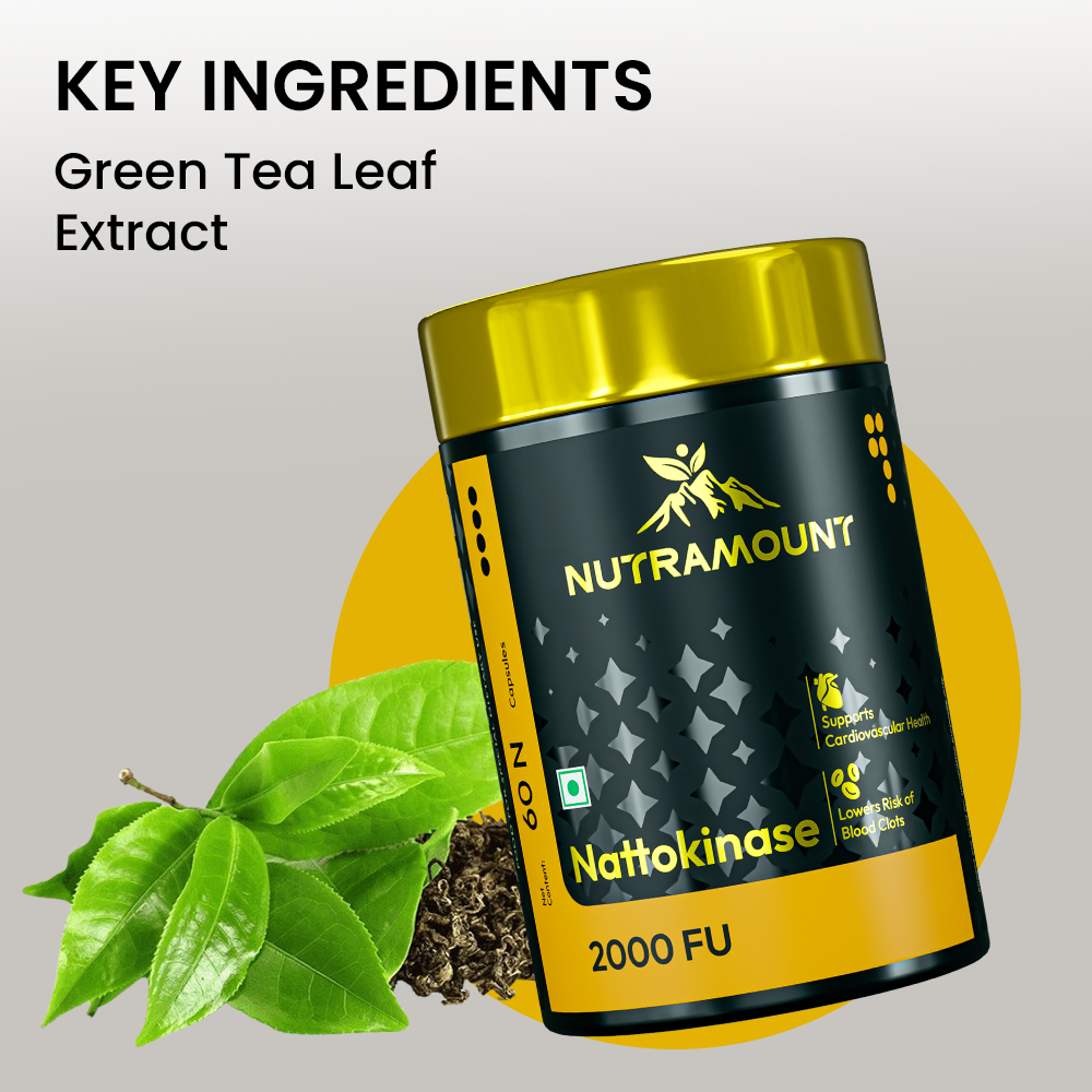 Nutramount Nattokinase 2000 FU infographic highlighting Green Tea Leaf Extract as a key ingredient, pictured alongside fresh green leaves and dried tea.