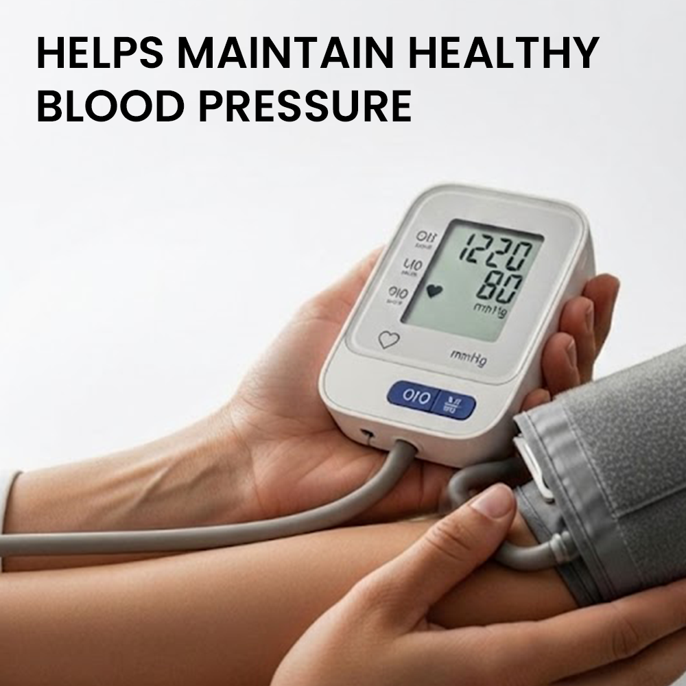 Infographic titled "HELPS MAINTAIN HEALTHY BLOOD PRESSURE," featuring hands holding a digital blood pressure monitor displaying a reading of 122/80 mmHg.