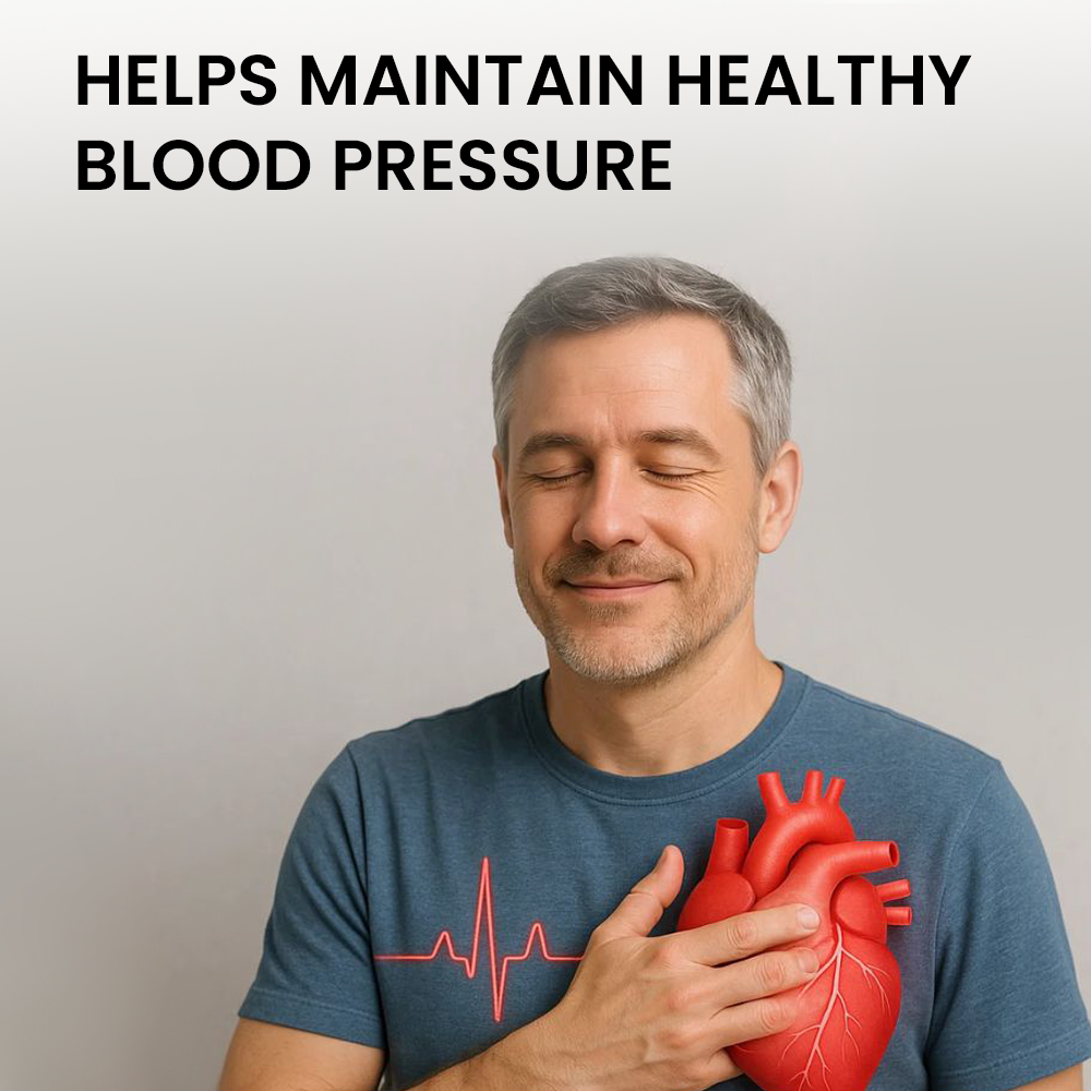 eaturing a smiling, middle-aged man with his eyes closed and his hand over an anatomical heart illustration on his chest. The image includes a red heartbeat line and the text, "HELPS MAINTAIN HEALTHY BLOOD PRESSURE."