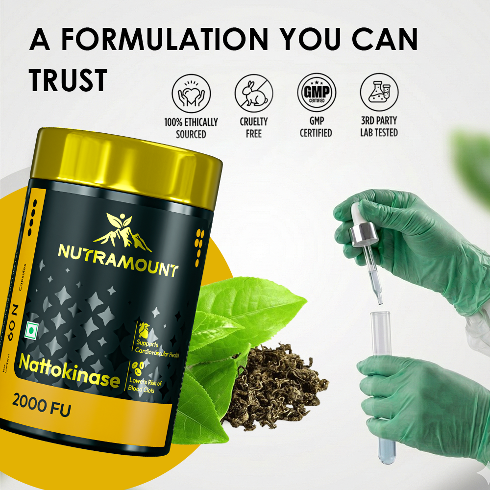 "A FORMULATION YOU CAN TRUST". It features a bottle of Nutramount Nattokinase 2000 FU next to certifications for being 100% ethically sourced, cruelty free, GMP certified, and 3rd party lab tested. The image also shows a gloved hand using a dropper over a test tube alongside green tea leaves.
