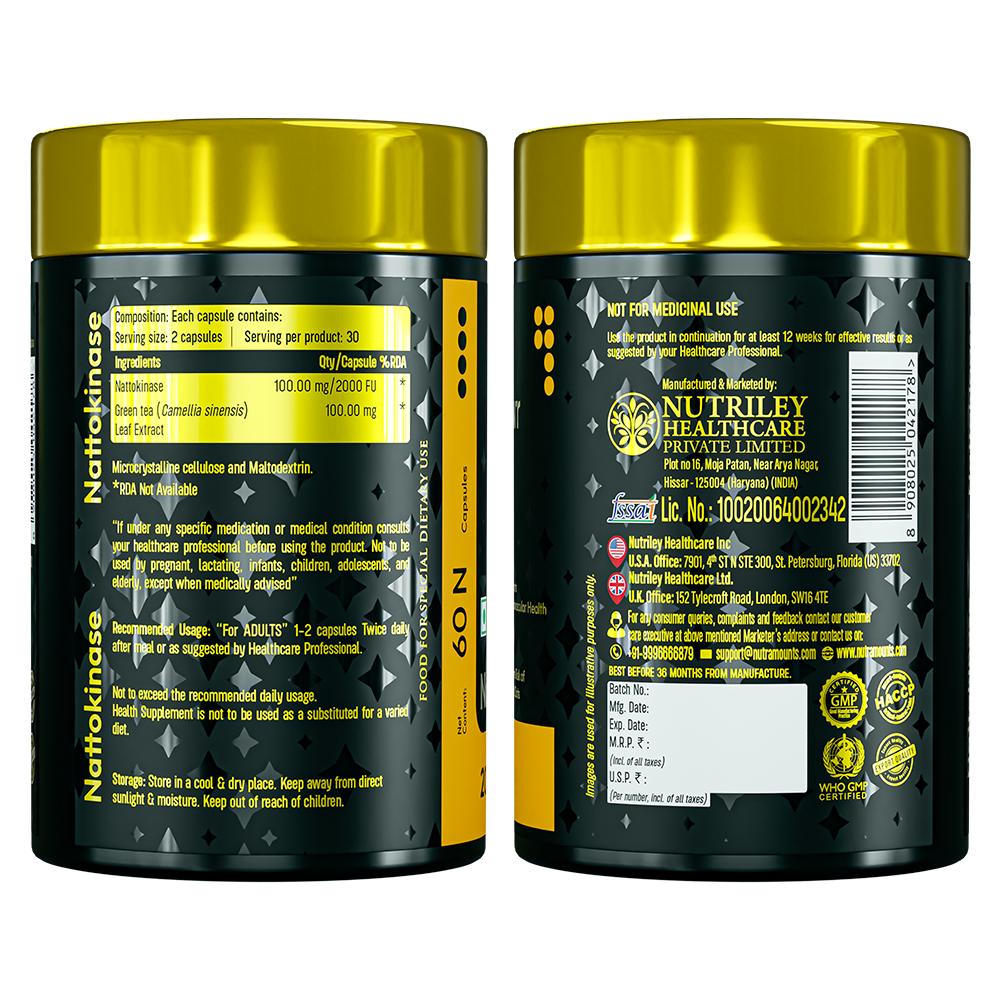 The rear label of the Nutramount Nattokinase bottle shows nutritional information, including 100.00 mg/2000 FU of Nattokinase and 100.00 mg of Green tea leaf extract per capsule. It also details manufacturing by Nutriley Healthcare, storage instructions, and quality certifications like GMP and HACCP.