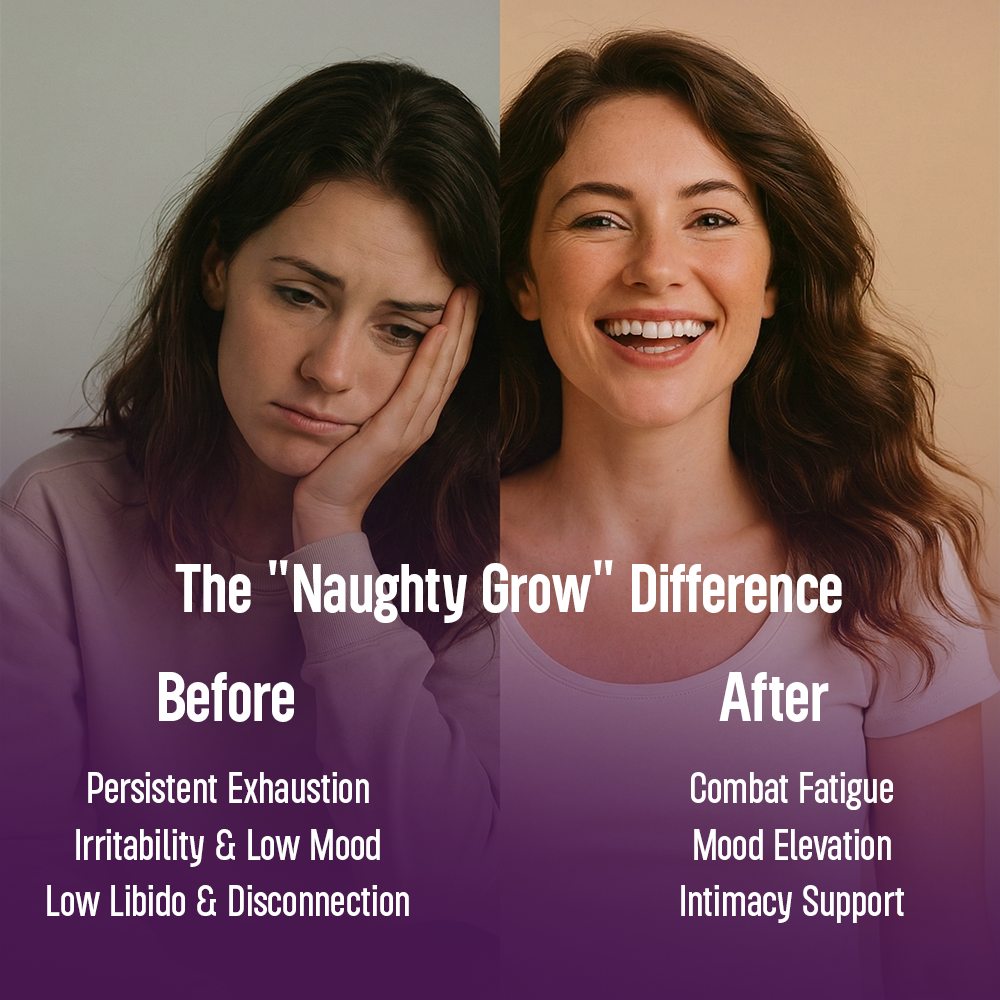 Before-and-after comparison for **"Naughty Grow."** The left side shows a tired, frowning woman (exhaustion and low mood), while the right side shows her smiling brightly (combat fatigue and mood elevation).