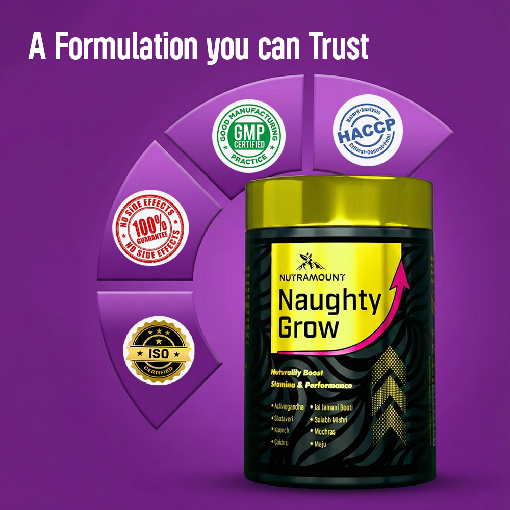 Marketing graphic for **Nutramount Naughty Grow** on a purple background. It features the product container alongside four trust seals: **GMP Certified**, **HACCP**, **ISO Certified**, and **100% No Side Effects**. The headline reads, "A Formulation you can Trust."