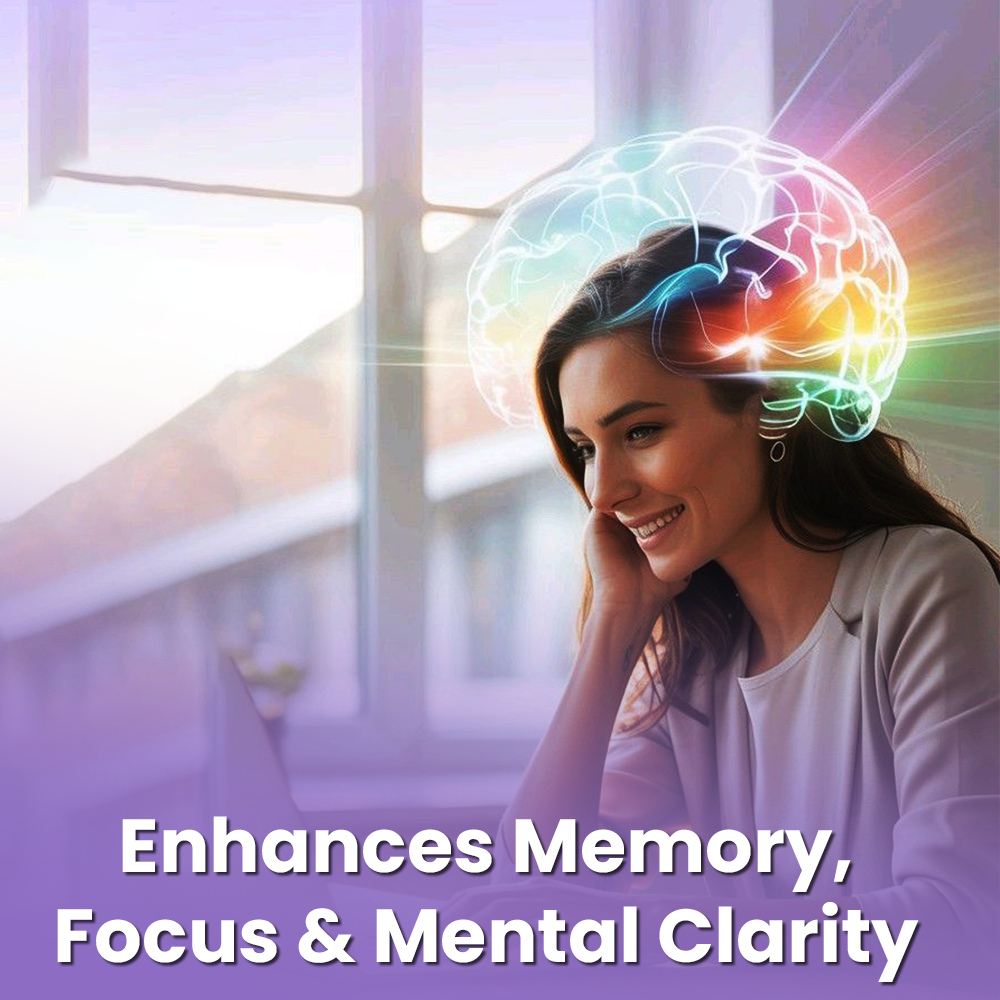 Infographic for a wellness supplement featuring a smiling woman with a glowing holographic brain overlay, with text highlighting benefits for memory, focus, and mental clarity.