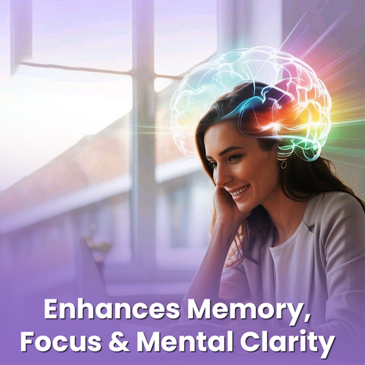Infographic for a wellness supplement featuring a smiling woman with a glowing holographic brain overlay, with text highlighting benefits for memory, focus, and mental clarity.