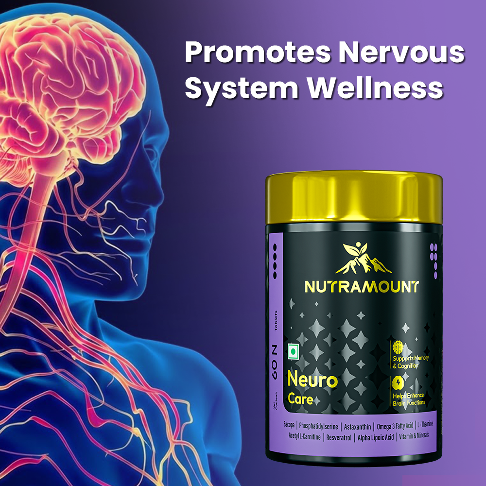 Infographic for Nutramount Neuro Care supplement featuring the product bottle next to a medical illustration of the human brain and nervous system, with text highlighting its role in promoting nervous system wellness.