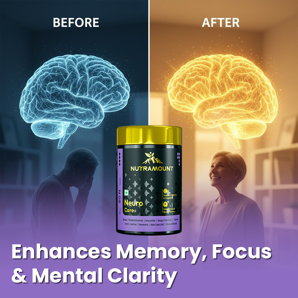 Two side-view angles of a Nutramount Neuro Care supplement bottle detailing the nutritional facts, extensive list of brain-support ingredients, and manufacturing certifications.