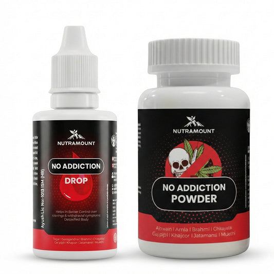 Nutramount No Addiction Drop and Powder bottles for craving and detox support.
