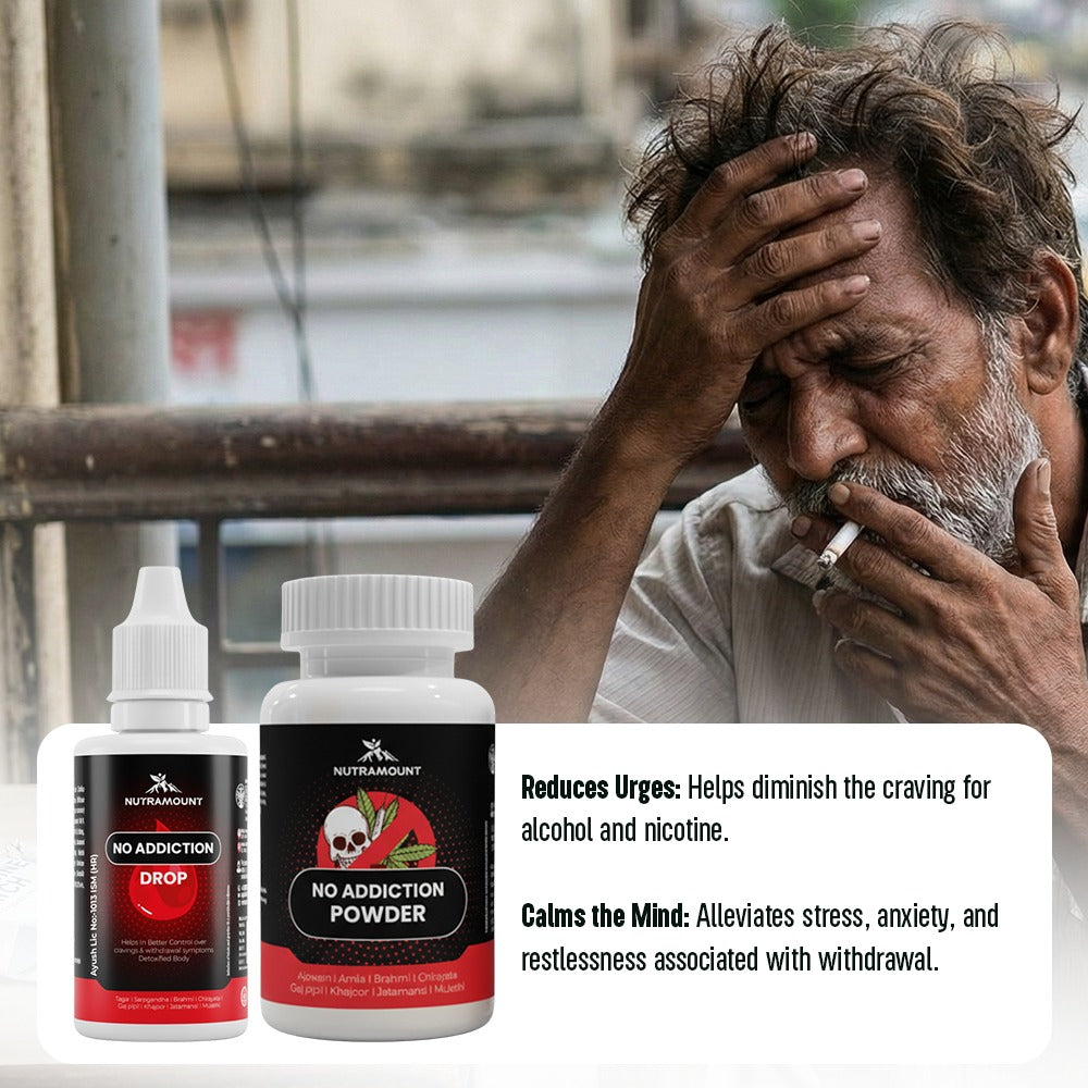 Nutramount No Addiction Drop and Powder with stress and craving relief benefits for smoking and alcohol addiction.
