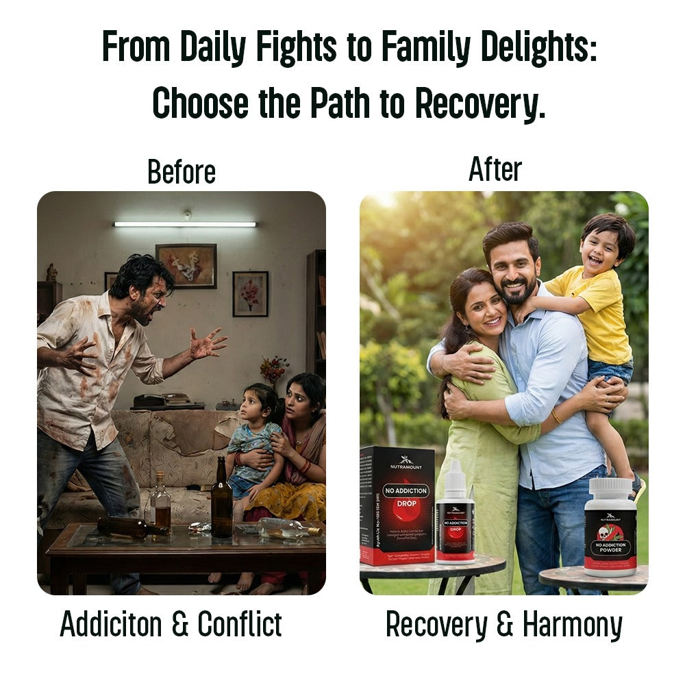 A split "Before" and "After" marketing image contrasting a family terrified by a man's angry, alcohol-fueled outburst with the same family hugging and smiling outdoors next to "No Addiction" recovery products.