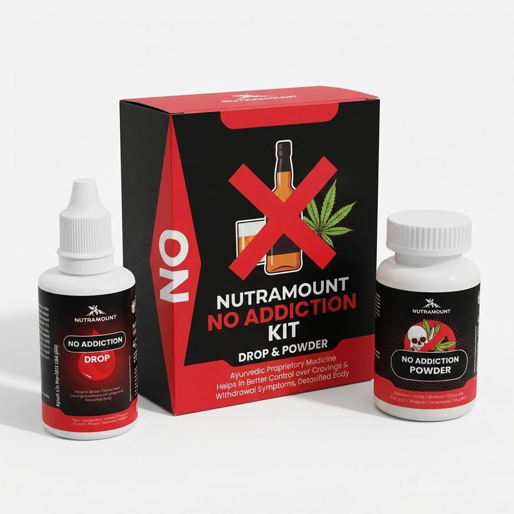 Product shot of the "Nutramount No Addiction Kit," featuring a black and red box flanked by a white liquid dropper bottle and a white powder jar on a clean white background.