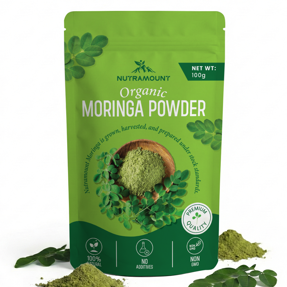 Nutramount Organic Moringa Powder 100g pouch in light green packaging featuring premium quality, 100% natural, and non-GMO certifications.