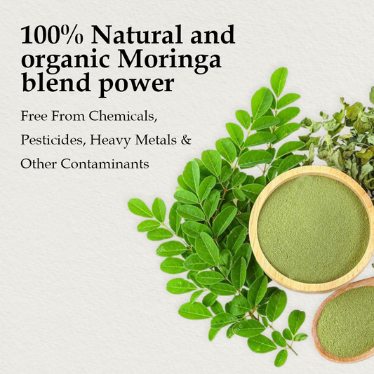 Infographic for "100% Natural and organic Moringa blend powder" showing fresh leaves and bowls of green powder with text emphasizing it is free from chemicals and contaminants.