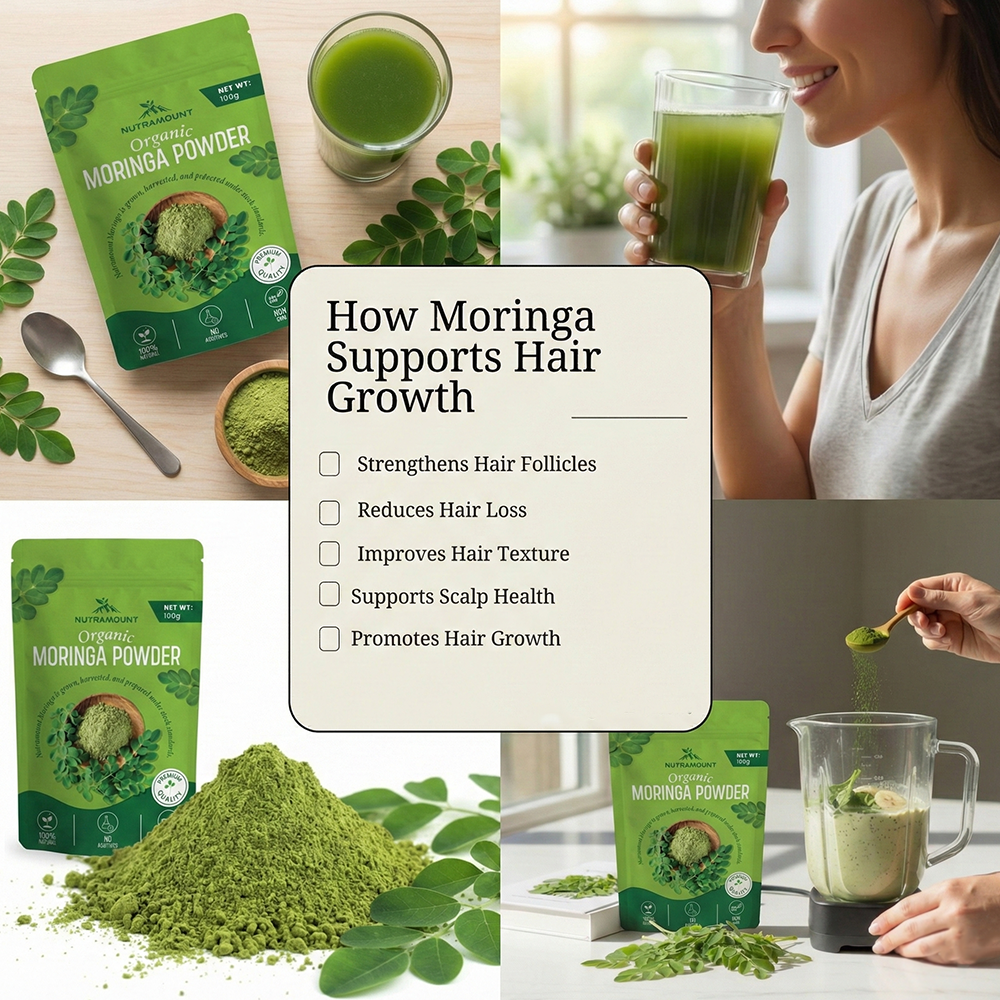 Infographic titled "How Moringa Supports Hair Growth" featuring a benefits checklist, a woman drinking a smoothie, and Nutramount Organic Moringa Powder.
