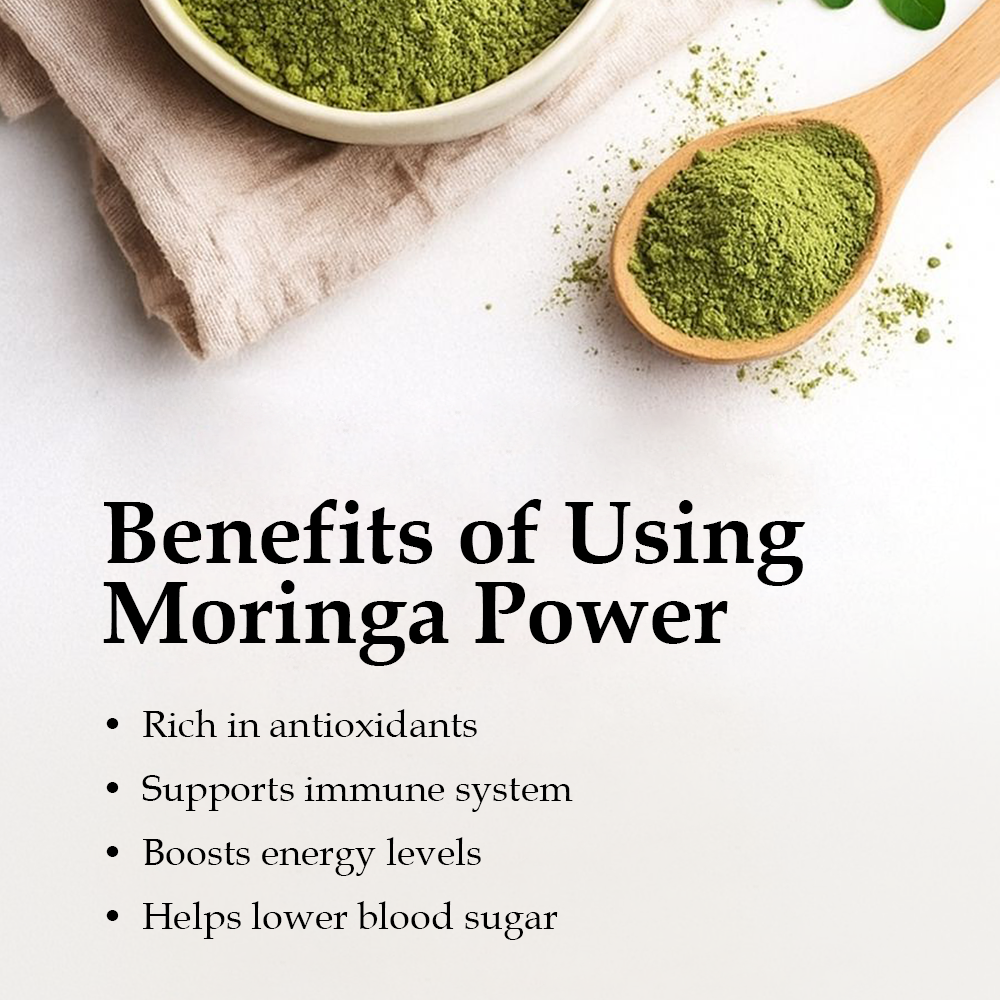 Infographic titled "Benefits of Using Moringa Powder" showing a spoon of green powder and a list of health benefits including immune and energy support.