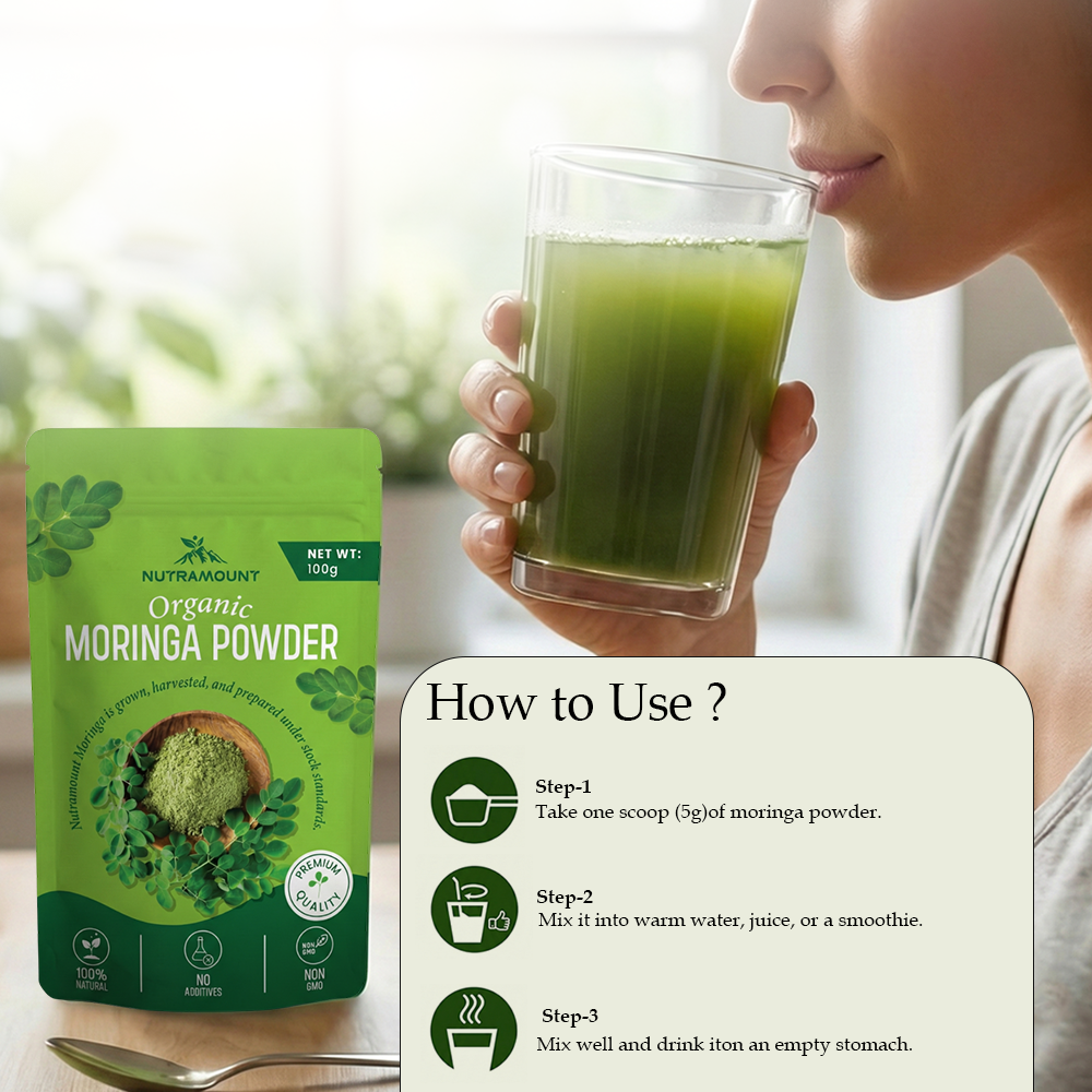 Instructional infographic titled "How to Use?" featuring a three-step guide, a woman with a green smoothie, and a Nutramount Organic Moringa Powder pouch.