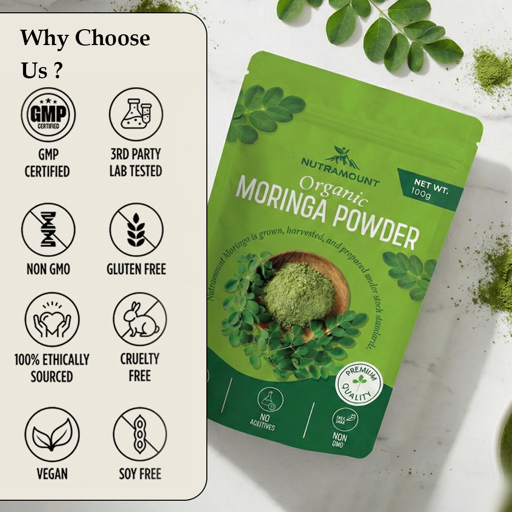 Infographic titled "Why Choose Us?" featuring certification icons for GMP, Non-GMO, and Vegan qualities next to a Nutramount Organic Moringa Powder pouch.