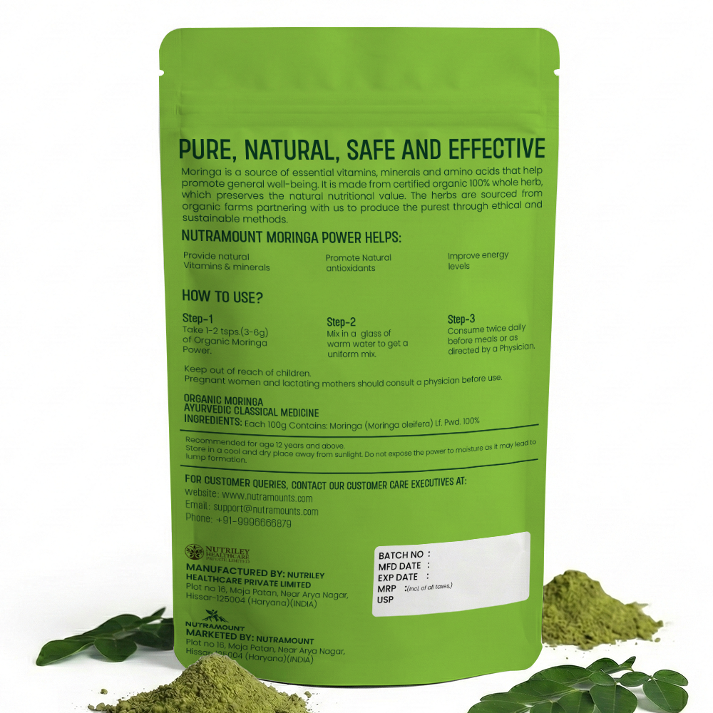 The back of a lime-green Nutramount Moringa Powder pouch detailing product benefits, usage instructions, and manufacturing information.