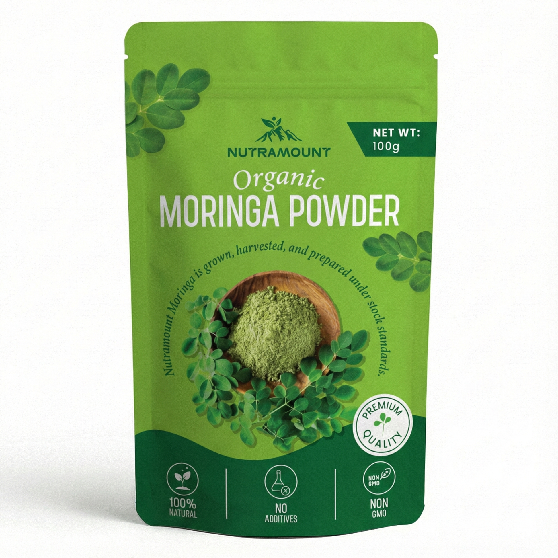 Nutramount Organic Moringa Powder 100g pouch featuring product certifications and moringa leaf imagery.