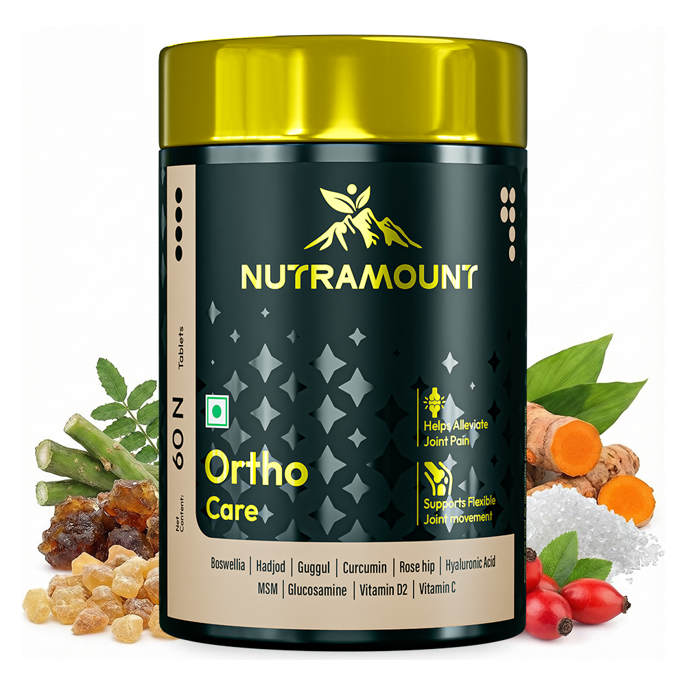 Product infographic for Nutramount Ortho Care tablets shown alongside key ingredients like turmeric, boswellia, and rose hip to highlight joint pain alleviation and flexibility.