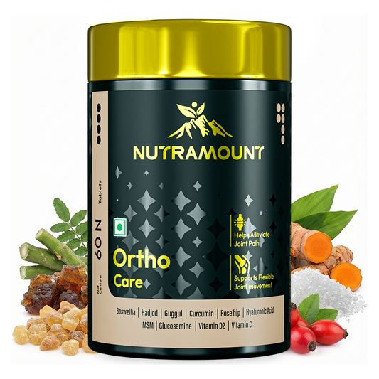 Product infographic for Nutramount Ortho Care tablets shown alongside key ingredients like turmeric, boswellia, and rose hip to highlight joint pain alleviation and flexibility.