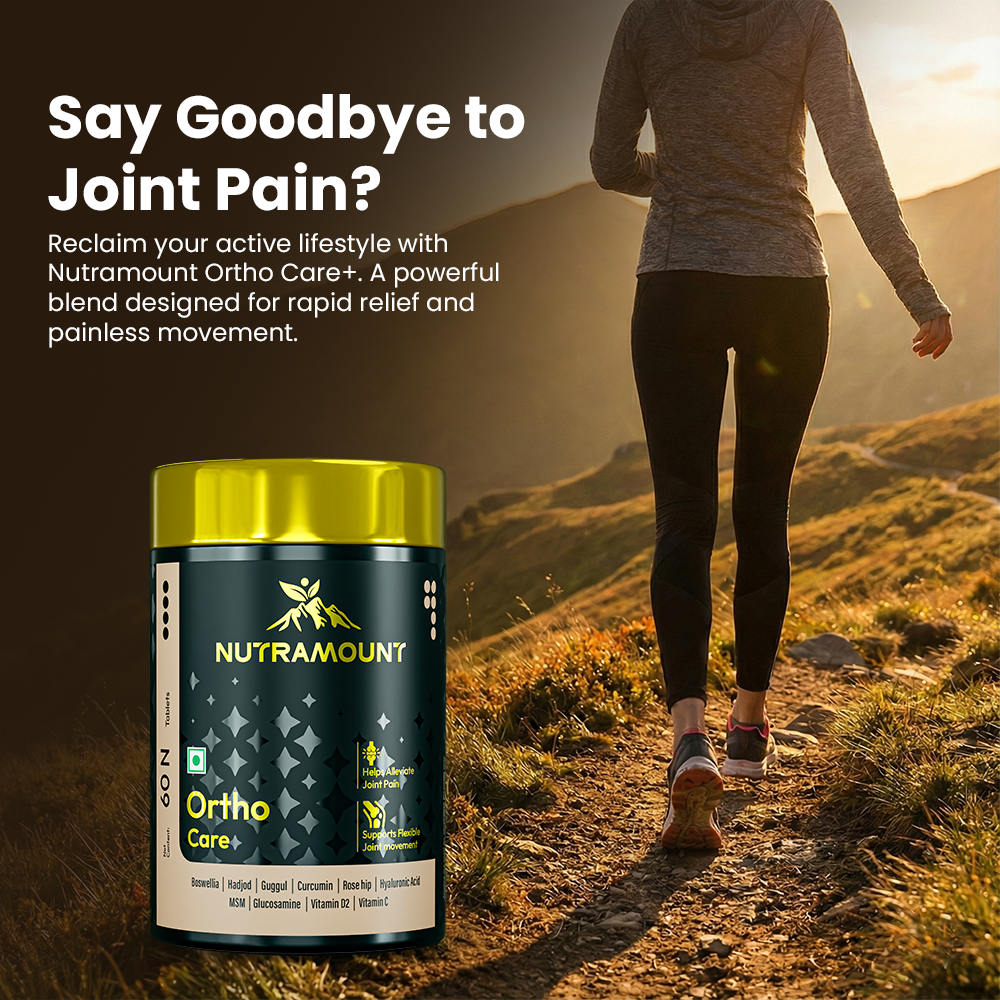 Infographic for Nutramount Ortho Care supplement featuring a woman hiking on a mountain trail with the headline "Say Goodbye to Joint Pain?" highlighting rapid relief and painless movement.