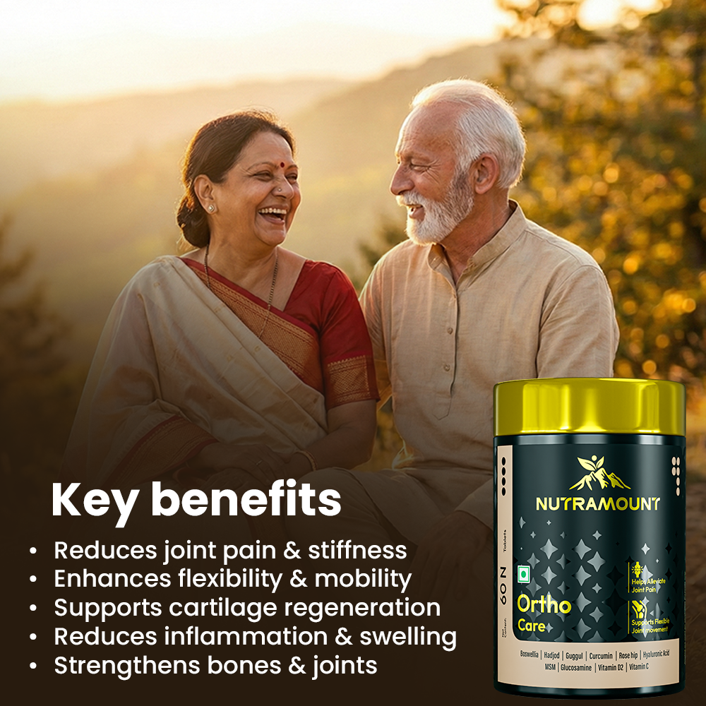 Infographic for Nutramount Ortho Care supplement featuring a smiling elderly couple and a list of key benefits including reduced joint pain, enhanced flexibility, and cartilage regeneration.