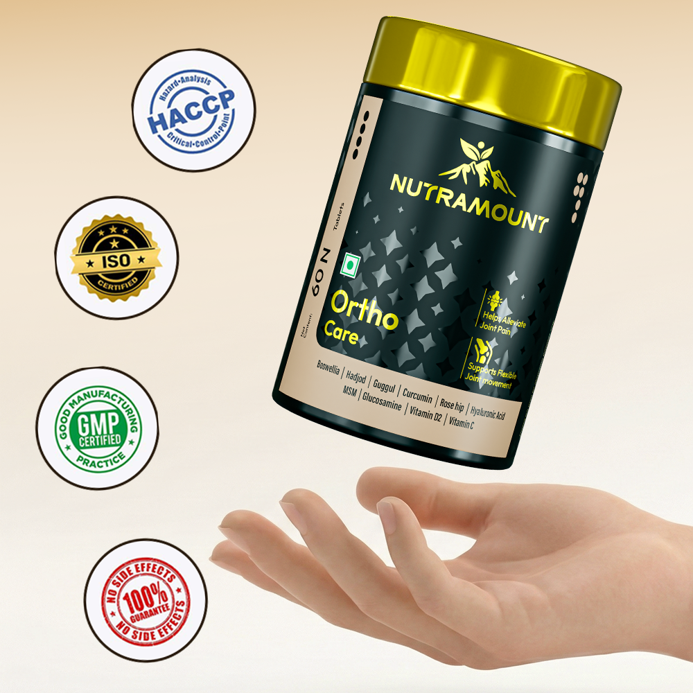 Infographic for Nutramount Ortho Care tablets highlighting "Stronger Bones & Joints" with lifestyle images of a woman stretching, an elderly couple walking, and a close-up of a knee joint.