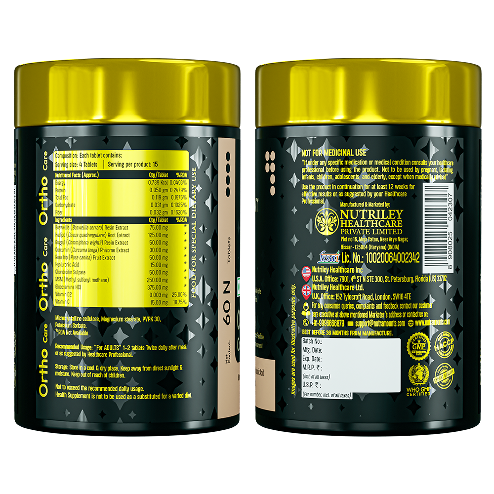 Two side-view angles of a Nutramount Ortho Care supplement bottle displaying nutritional facts, a comprehensive ingredient list including Boswellia and Glucosamine, and manufacturing certifications.
