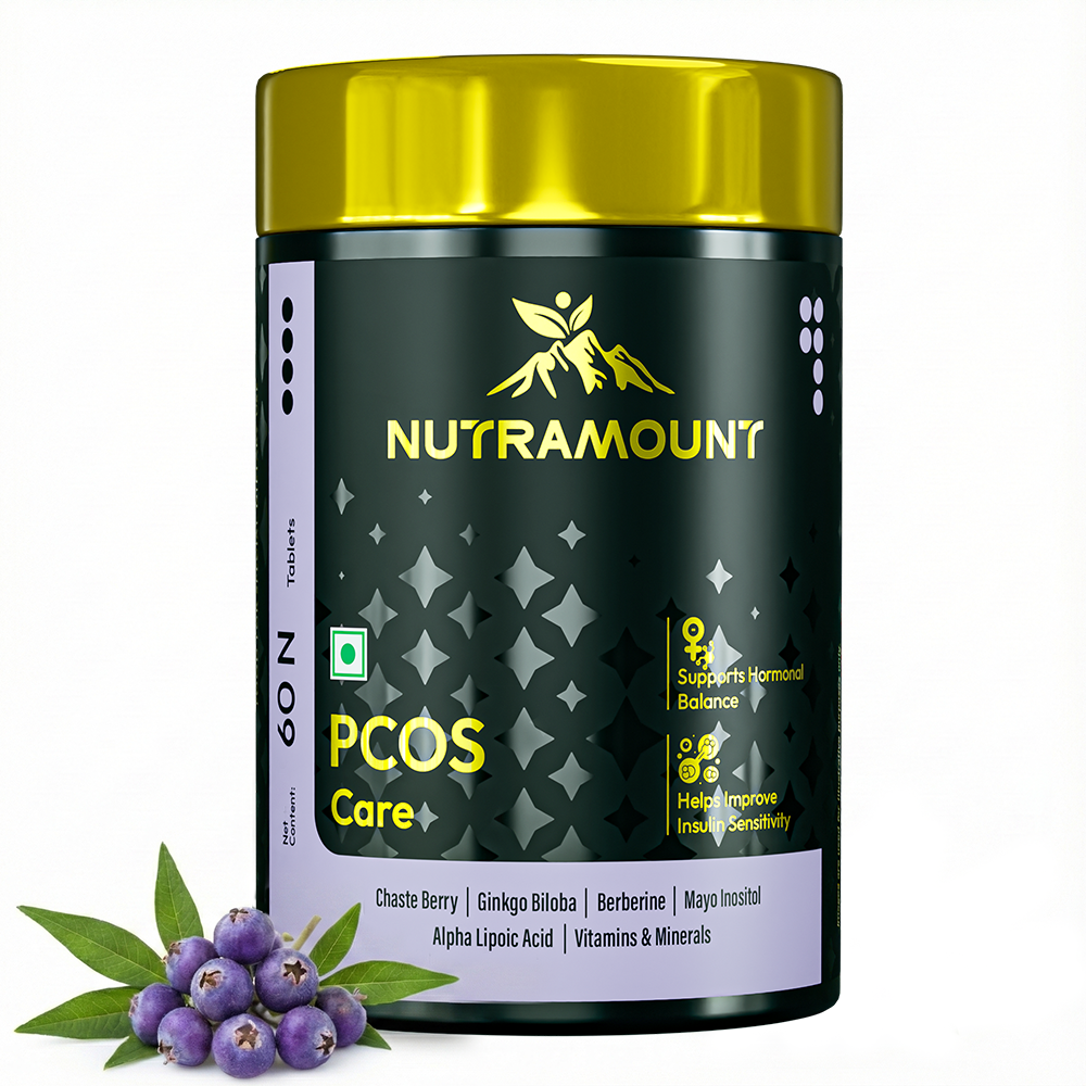 Nutramount PCOS Care supplement bottle displayed with key ingredients like Chaste Berry and Berberine, designed to support hormonal balance and improve insulin sensitivity.