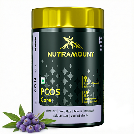 Nutramount PCOS Care supplement bottle displayed with key ingredients like Chaste Berry and Berberine, designed to support hormonal balance and improve insulin sensitivity.