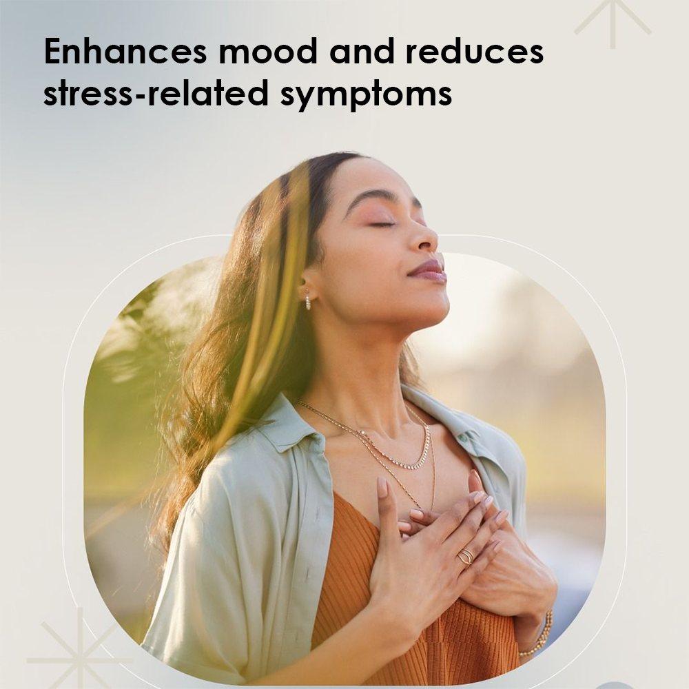 Lifestyle image of a woman with her eyes closed and hands over her heart, accompanied by text stating that the product enhances mood and reduces stress-related symptoms.