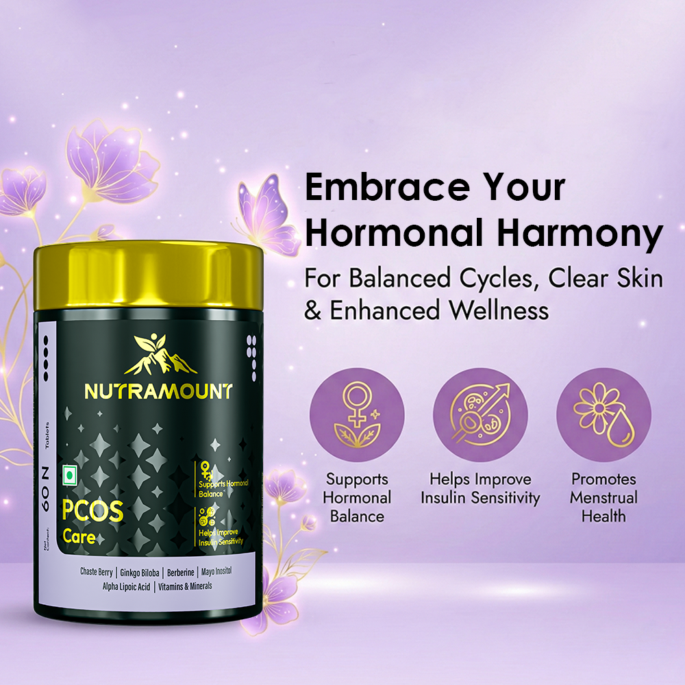 Infographic for Nutramount PCOS Care supplement featuring a product bottle on a purple floral background with icons highlighting benefits for hormonal balance, insulin sensitivity, and menstrual health.