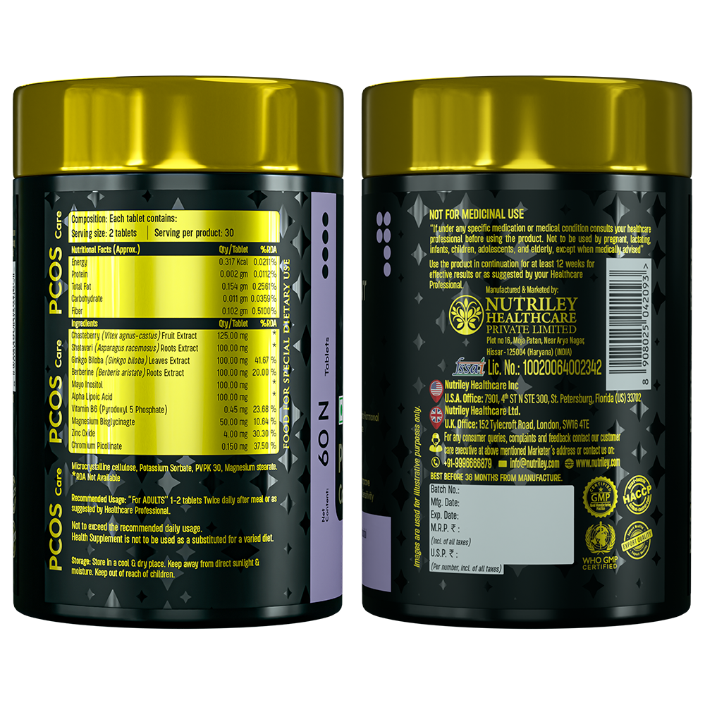 Infographic for Nutramount PCOS Care supplement featuring a product bottle floating above an open palm, accompanied by four certification seals including HACCP, ISO, and GMP.