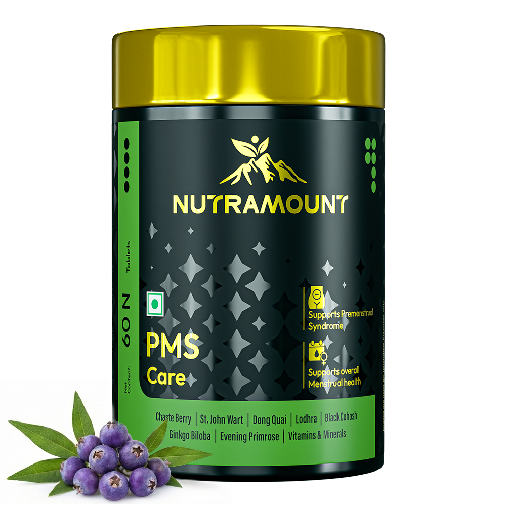 Nutramount PMS Care supplement bottle shown with key natural ingredients like Chaste Berry and Evening Primrose, designed to support premenstrual syndrome and overall menstrual health.