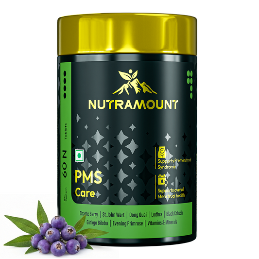 Nutramount PMS Care supplement bottle shown with key natural ingredients like Chaste Berry and Evening Primrose, designed to support premenstrual syndrome and overall menstrual health.