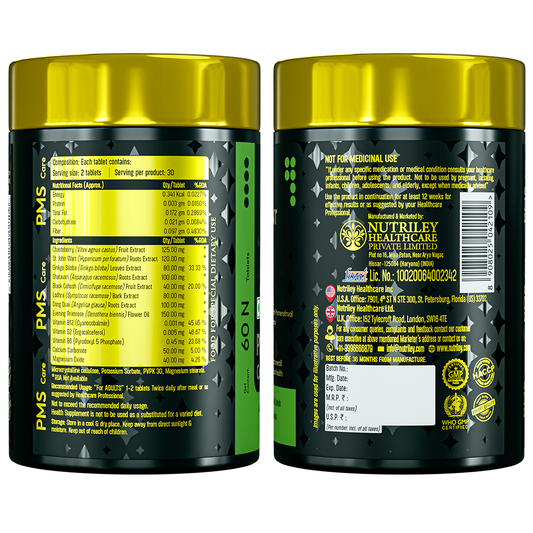 Two side-view angles of a Nutramount PMS Care supplement bottle displaying nutritional facts per tablet, a list of herbal extracts like Chasteberry and Shatavari, and quality assurance certifications.