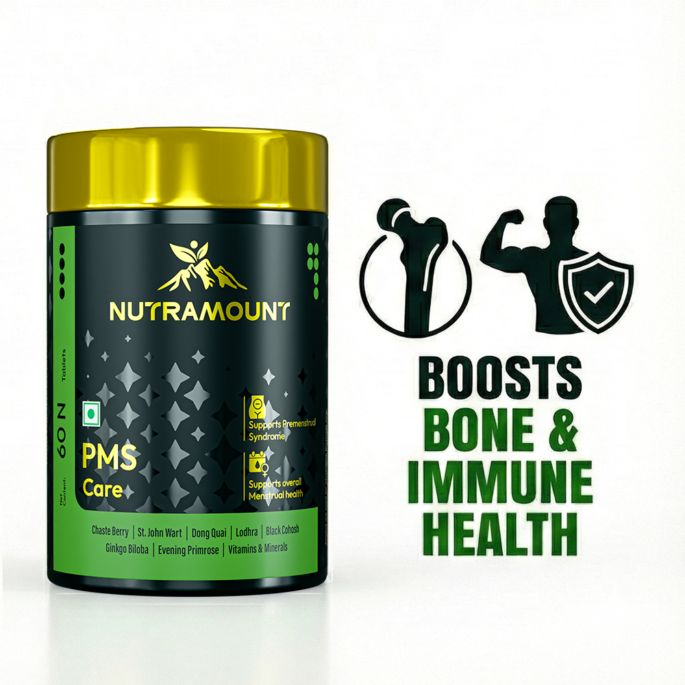 Infographic for Nutramount PMS Care supplement featuring a product bottle alongside icons and text highlighting its benefits for boosting bone and immune health.